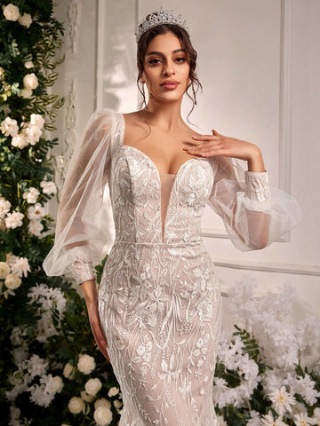 Glamrae Elegant Luxury Embroidered Sequin Lace Sheer Long Sleeve Mesh Insert Mermaid Maxi Dress, Suitable For Wedding, Engagement Party, Bachelorette Party, Vacation, Prom