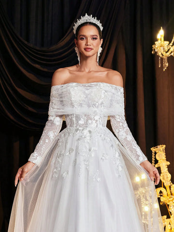 Glamrae Elegant Luxury Off-Shoulder Sheer Long Sleeve Embroidered Lace Applique Mesh Ruffle Dress With Train, Suitable For Wedding, Party, Vacation, Prom, Banquet (Embroidered)