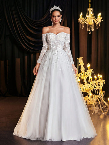 Glamrae Elegant Luxury Off-Shoulder Sheer Long Sleeve Embroidered Lace Applique Mesh Ruffle Dress With Train, Suitable For Wedding, Party, Vacation, Prom, Banquet (Embroidered)
