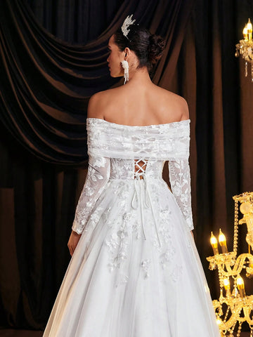 Glamrae Elegant Luxury Off-Shoulder Sheer Long Sleeve Embroidered Lace Applique Mesh Ruffle Dress With Train, Suitable For Wedding, Party, Vacation, Prom, Banquet (Embroidered)