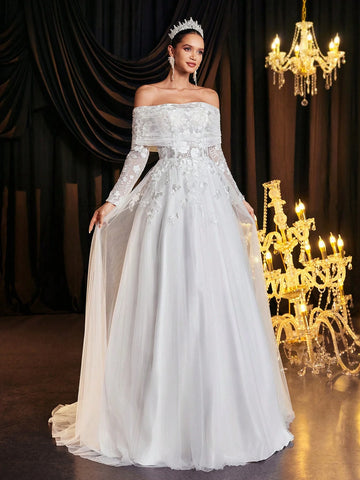 Glamrae Elegant Luxury Off-Shoulder Sheer Long Sleeve Embroidered Lace Applique Mesh Ruffle Dress With Train, Suitable For Wedding, Party, Vacation, Prom, Banquet (Embroidered)