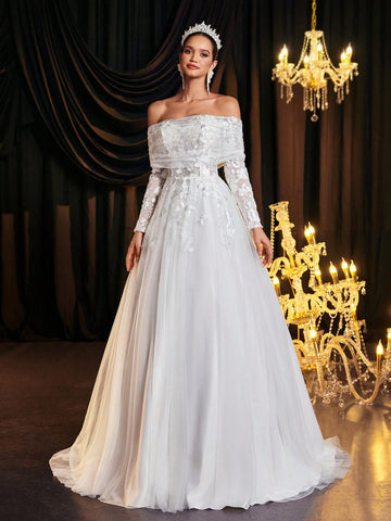 Glamrae Elegant Luxury Off-Shoulder Sheer Long Sleeve Embroidered Lace Applique Mesh Ruffle Dress With Train, Suitable For Wedding, Party, Vacation, Prom, Banquet (Embroidered)