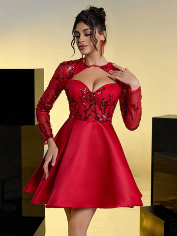 Glamrae Elegant Red Luxurious Sequin Patchwork Satin Long Sleeve Hollow-Out Waist Net Yarn See-Through A-Line Formal Dress