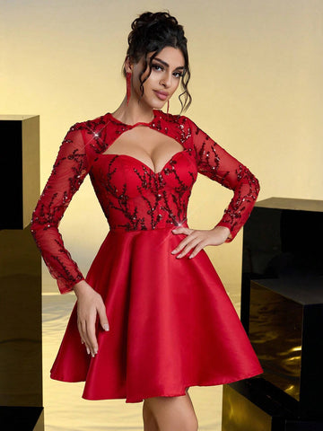 Glamrae Elegant Red Luxurious Sequin Patchwork Satin Long Sleeve Hollow-Out Waist Net Yarn See-Through A-Line Formal Dress