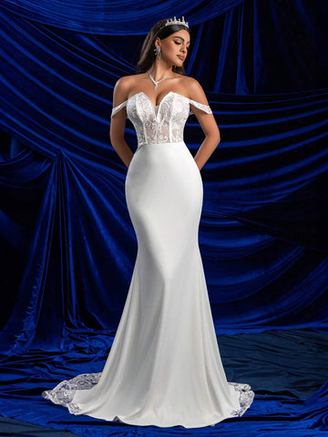 Glamrae Elegant White Off Shoulder Sleeve V-Neck Luxury Embroidered Lace Panel Elastic Knit Sheer Boned Backless Mermaid Maxi Dress With Long Train, Suitable For Wedding, Party, Graduation