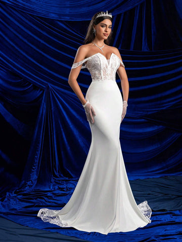 Glamrae Elegant White Off Shoulder Sleeve V-Neck Luxury Embroidered Lace Panel Elastic Knit Sheer Boned Backless Mermaid Maxi Dress With Long Train, Suitable For Wedding, Party, Graduation