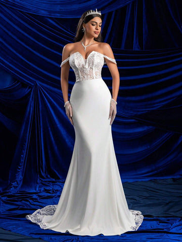 Glamrae Elegant White Off Shoulder Sleeve V-Neck Luxury Embroidered Lace Panel Elastic Knit Sheer Boned Backless Mermaid Maxi Dress With Long Train, Suitable For Wedding, Party, Graduation