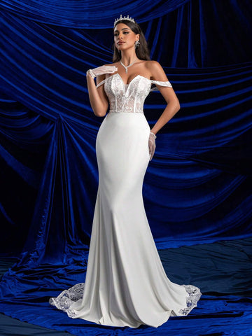 Glamrae Elegant White Off Shoulder Sleeve V-Neck Luxury Embroidered Lace Panel Elastic Knit Sheer Boned Backless Mermaid Maxi Dress With Long Train, Suitable For Wedding, Party, Graduation