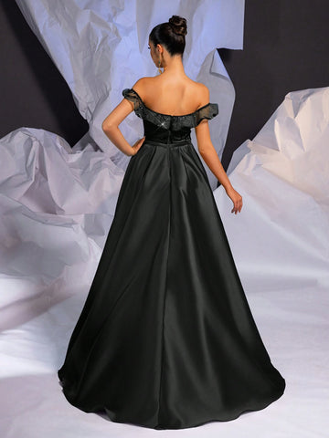 Elegant And Gorgeous Grass Green Off Shoulder Pearl Embellished Off-Shoulder Sequin Season Prom Dinner Dress (Heavy Industrial Style)