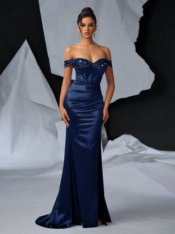 Glamrae Elegant, Gorgeous And Sexy Off-Shoulder Dress With Shiny Satin Decoration Cup, Boning And Fishtail Ruched Slit Dress For Formal Occasions And Evening Parties