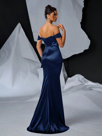 Glamrae Elegant, Gorgeous And Sexy Off-Shoulder Dress With Shiny Satin Decoration Cup, Boning And Fishtail Ruched Slit Dress For Formal Occasions And Evening Parties