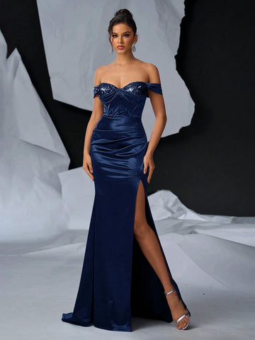 Glamrae Elegant, Gorgeous And Sexy Off-Shoulder Dress With Shiny Satin Decoration Cup, Boning And Fishtail Ruched Slit Dress For Formal Occasions And Evening Parties