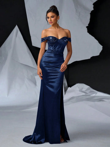 Glamrae Elegant, Gorgeous And Sexy Off-Shoulder Dress With Shiny Satin Decoration Cup, Boning And Fishtail Ruched Slit Dress For Formal Occasions And Evening Parties