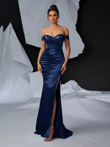 Glamrae Elegant, Gorgeous And Sexy Off-Shoulder Dress With Shiny Satin Decoration Cup, Boning And Fishtail Ruched Slit Dress For Formal Occasions And Evening Parties