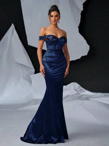 Glamrae Elegant, Gorgeous And Sexy Off-Shoulder Dress With Shiny Satin Decoration Cup, Boning And Fishtail Ruched Slit Dress For Formal Occasions And Evening Parties