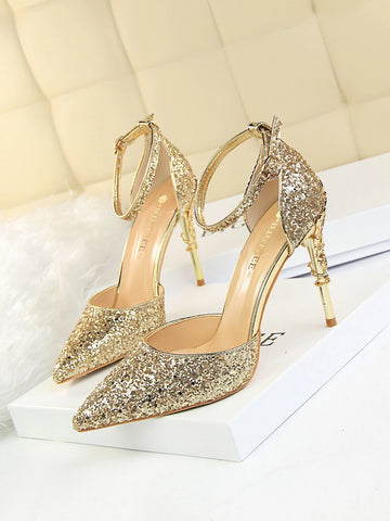 Glitter Ankle Strap Stiletto Heeled Pumps