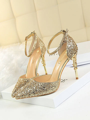 Glitter Ankle Strap Stiletto Heeled Pumps