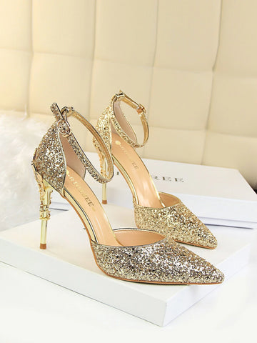 Glitter Ankle Strap Stiletto Heeled Pumps