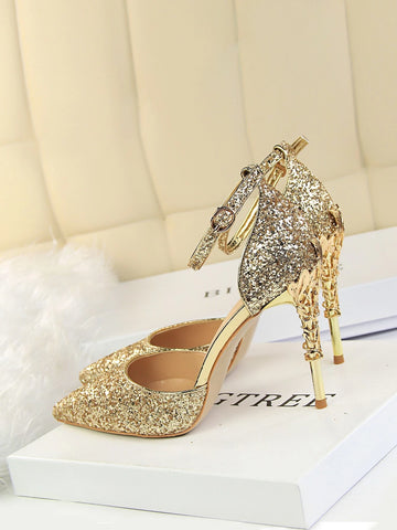Glitter Ankle Strap Stiletto Heeled Pumps