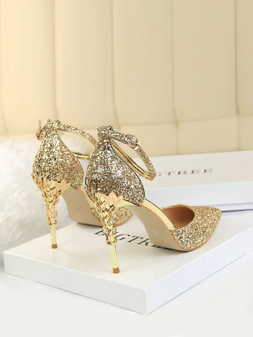 Glitter Ankle Strap Stiletto Heeled Pumps