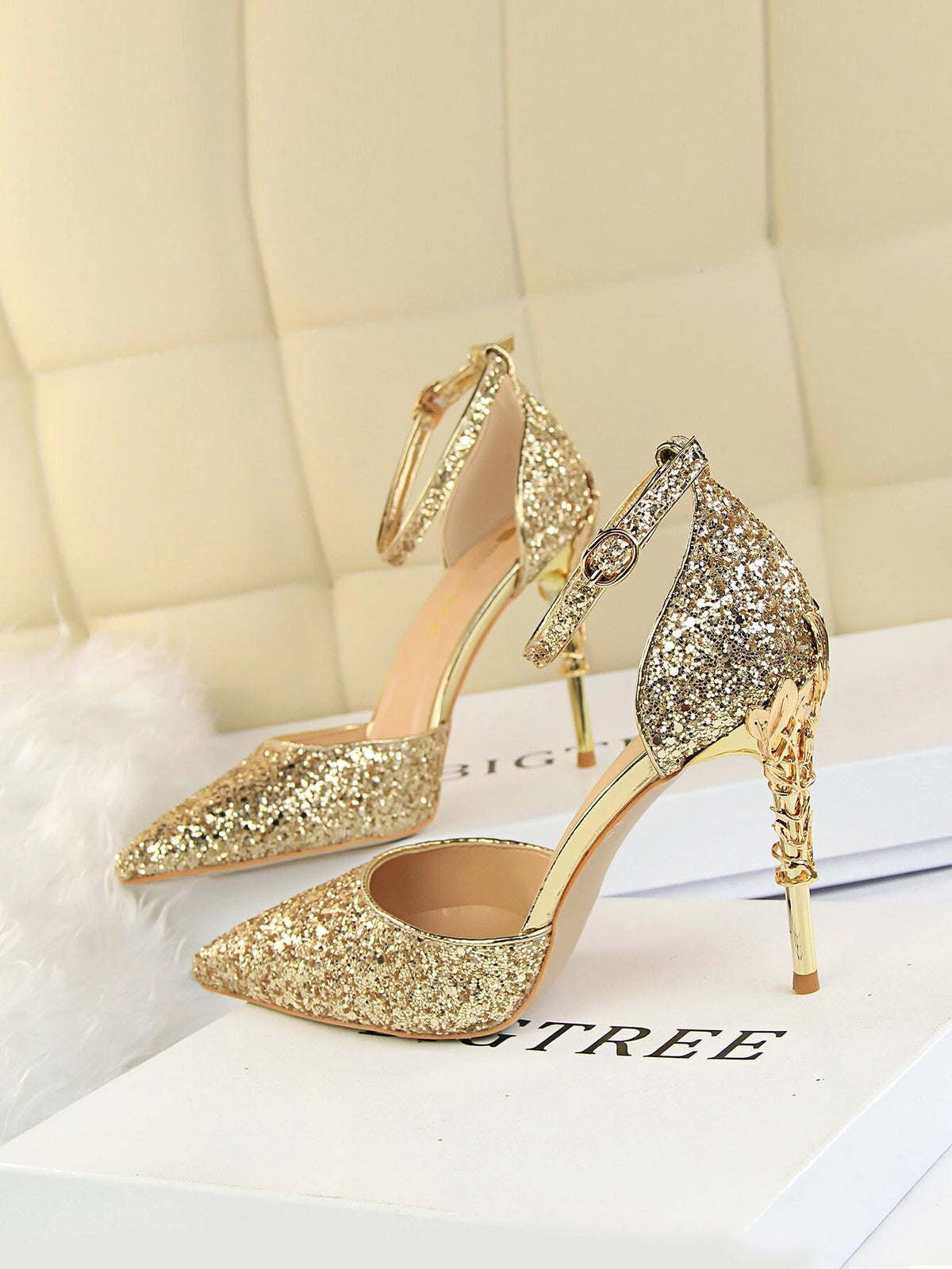 Glitter Ankle Strap Stiletto Heeled Pumps