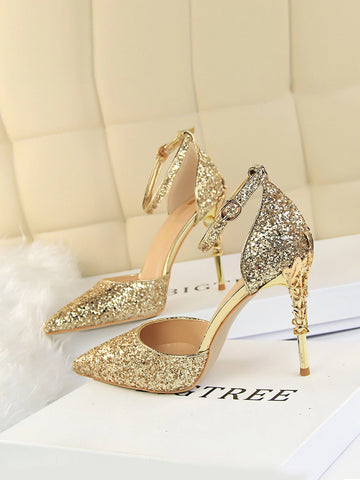 Glitter Ankle Strap Stiletto Heeled Pumps