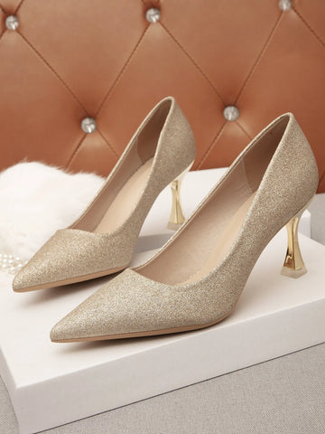 Glitter Decor Pyramid Court Pumps, Gold Party Glitter & Pearl Solid Color Women's High Heels