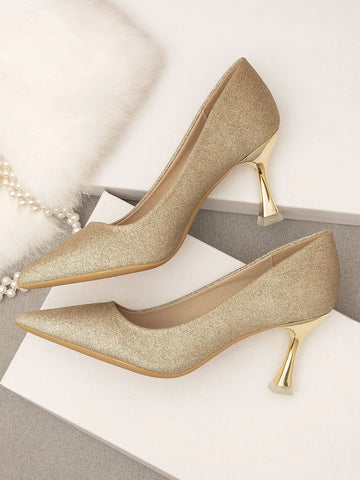 Glitter Decor Pyramid Court Pumps, Gold Party Glitter & Pearl Solid Color Women's High Heels