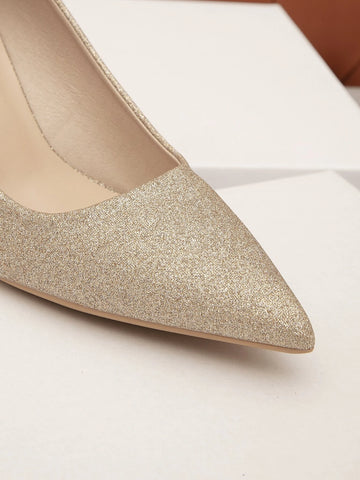 Glitter Decor Pyramid Court Pumps, Gold Party Glitter & Pearl Solid Color Women's High Heels