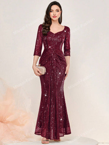 Glitter Full Sequin Sweetheart Neck Ruffle Trim Formal Evening Party Long Dress