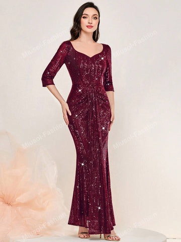 Glitter Full Sequin Sweetheart Neck Ruffle Trim Formal Evening Party Long Dress