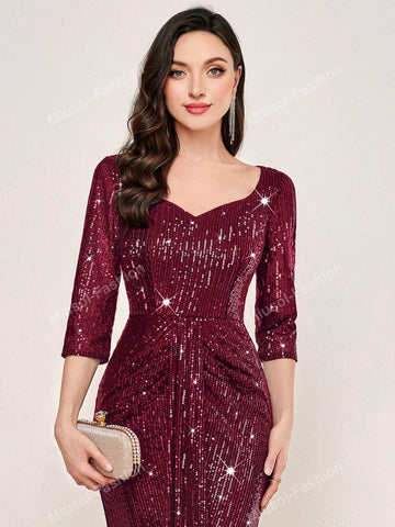 Glitter Full Sequin Sweetheart Neck Ruffle Trim Formal Evening Party Long Dress