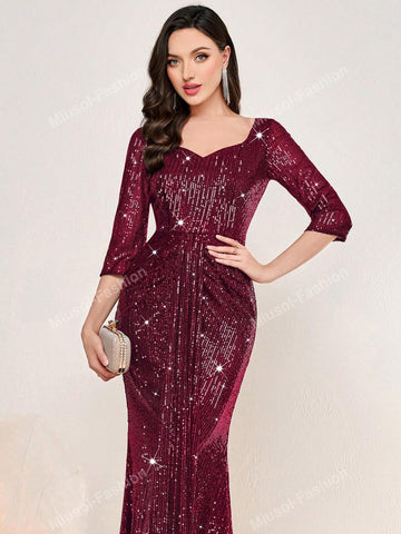 Glitter Full Sequin Sweetheart Neck Ruffle Trim Formal Evening Party Long Dress