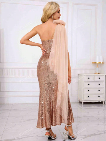 Glitter Mermaid Hem Shawl Sheer Cape Ocasional Dress With One Shoulder And Bodycon Design