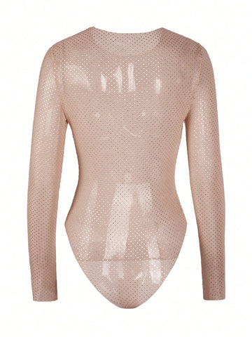Glitter Metallic Round Neck Long Sleeve Slim Fit Mesh Sexy See Through Unitard Yoke Bodysuit For Going Out