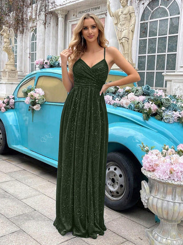 Women Sparkling Bust Pleated High-Slit Hem Long Bridesmaid Dress