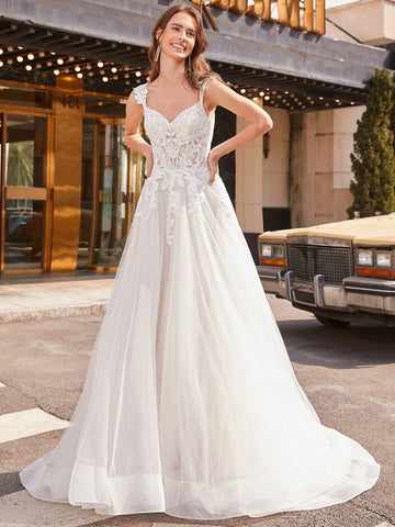 Glittering Sequin Embroidery Patchwork Train Spaghetti Strap Wedding Dress