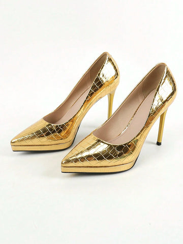Gold Marble Waterproof Platform High Heel Pumps, Spring Autumn New Pointed Toe Stiletto Comfortable Women Shoes