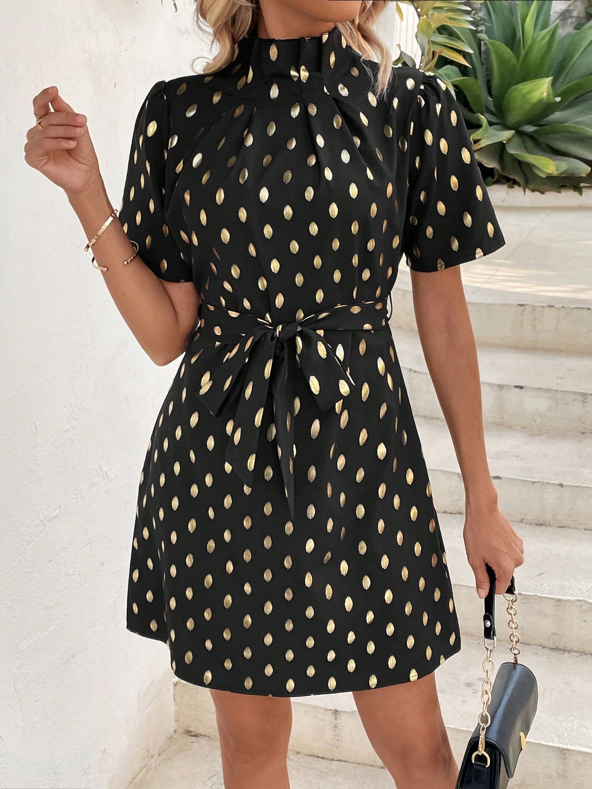 Gold Polka Dot Print Frill Collar A-Line Dress