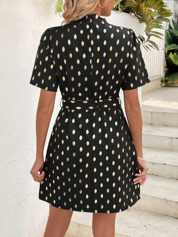 Gold Polka Dot Print Frill Collar A-Line Dress