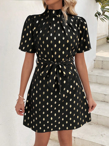 Gold Polka Dot Print Frill Collar A-Line Dress