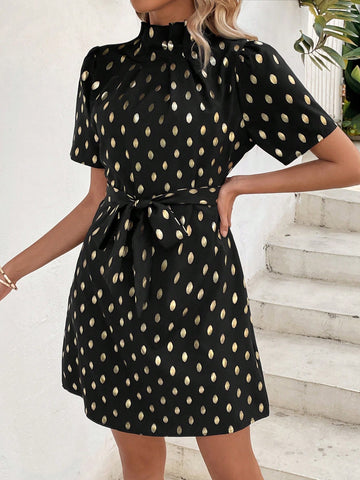 Gold Polka Dot Print Frill Collar A-Line Dress