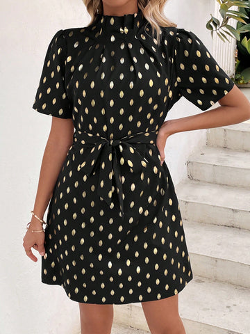 Gold Polka Dot Print Frill Collar A-Line Dress