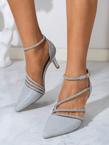 Gold Powder Silver Color Rhinestone Decorated Pointed High Heels