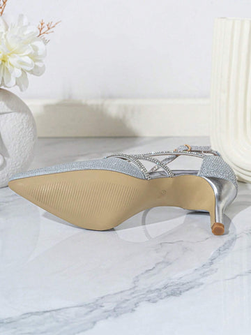 Gold Powder Silver Color Rhinestone Decorated Pointed High Heels