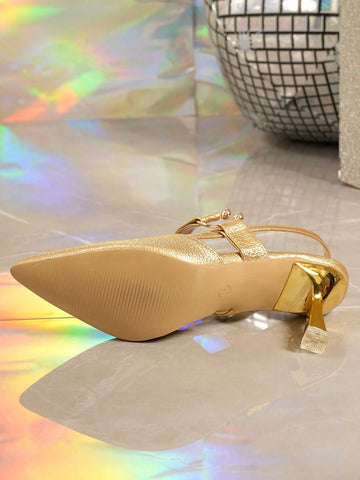Gold Satin Bow Toe Pointed Backless Buckle High Heels Shoes For Women