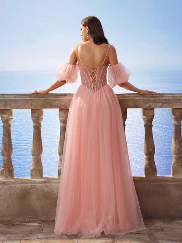 Gorgeous Elegant Noble & Cute Puff Sleeve Corset High Slit Maxi Dress, Netted Bead Embellished Bridesmaid/Sisters' Evening Gown For Wedding Season