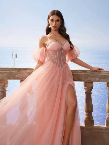 Gorgeous Elegant Noble & Cute Puff Sleeve Corset High Slit Maxi Dress, Netted Bead Embellished Bridesmaid/Sisters' Evening Gown For Wedding Season