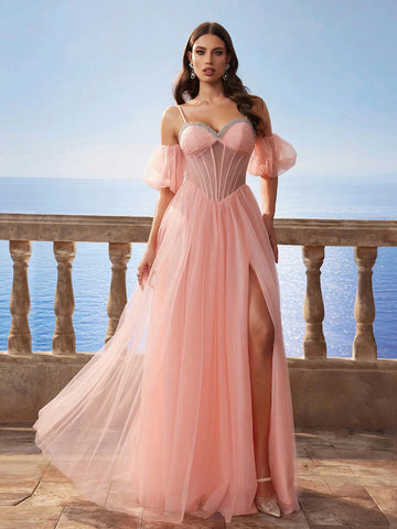Gorgeous Elegant Noble & Cute Puff Sleeve Corset High Slit Maxi Dress, Netted Bead Embellished Bridesmaid/Sisters' Evening Gown For Wedding Season
