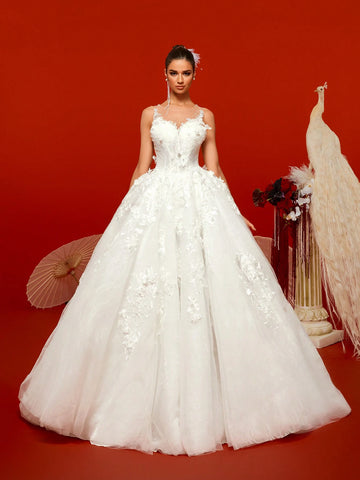 Gorgeous Noble White Sleeveless Elaborate Floral Lace Embroidered Romantic Extra-Large A-Line Maxi Ruffle Bridal Wedding Dresses For Bride